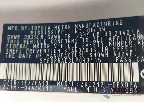 2020 Toyota Corolla L z USA, uszkodzony, nr VIN 5YFDPRAE3LP043415